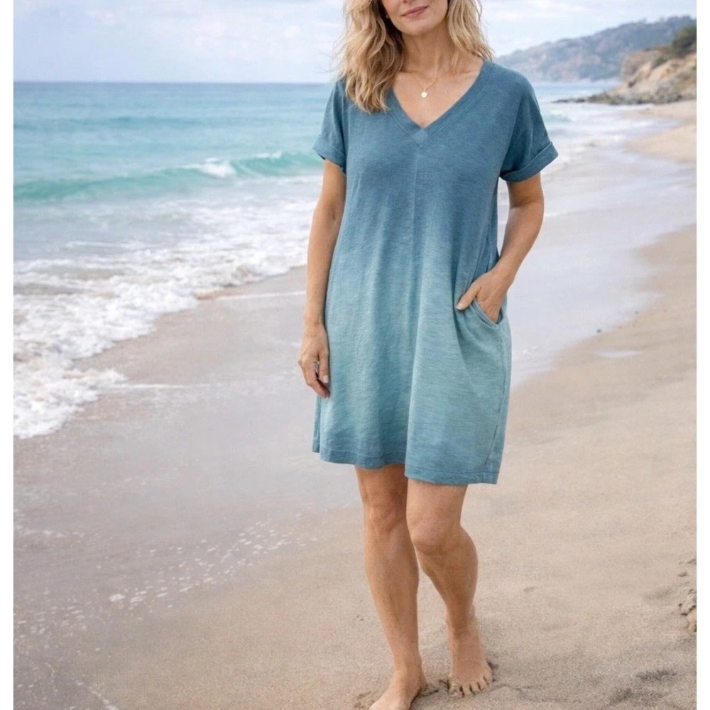 J. Jill Fit French Terry Blue Ombre V-neck T-Shirt Dress Pockets‎ Size XS